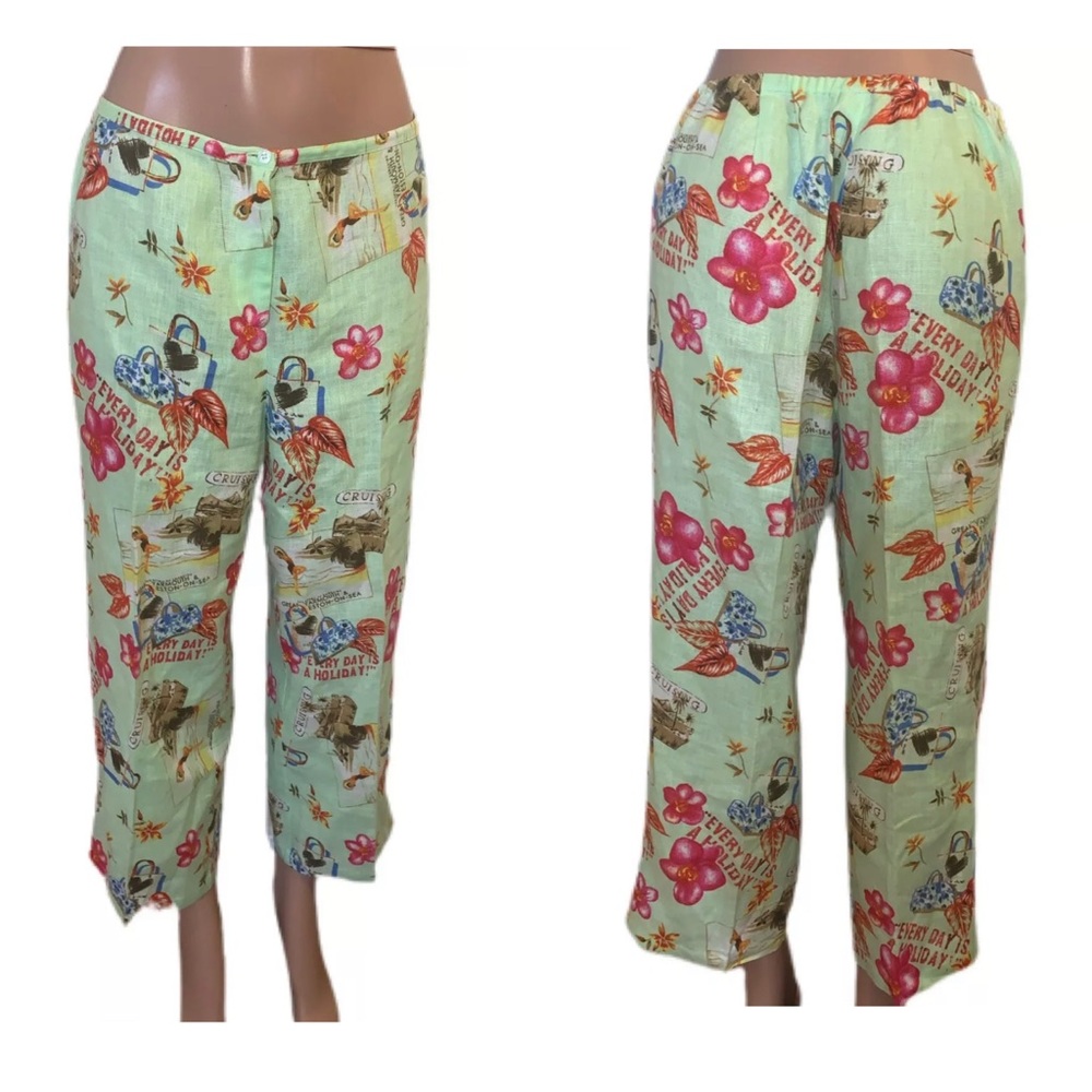 Green vintage Linen Wide leg Crop Capri Pants L